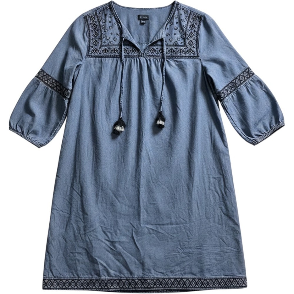 J Jill Denim Dress Womens M Blue Embroidered Tassle Midi Western Cowgirl Rodeo